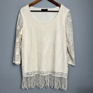 Melissa Paige Cream Crochet Fringe Top Petite Large Boho‎ Knit Festival Cover Up